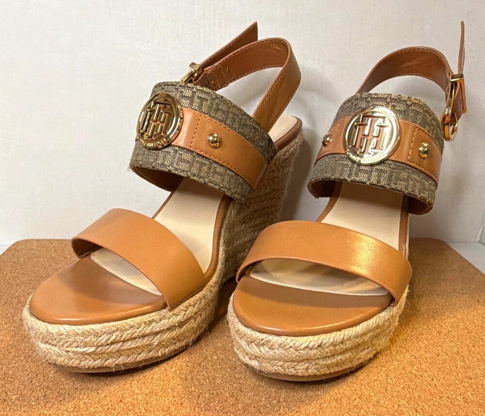 Tommy Hilfiger Women’s Tan Leather Espadrille Wedge Sandals Logo Buckle 8.5M
